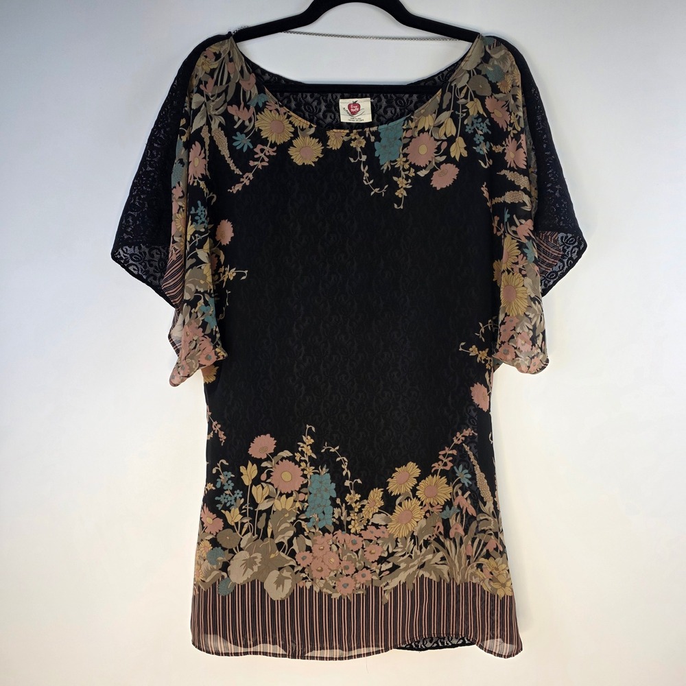 Free People Woman's Blouse S/P Floral Lace Overlay Black Bohemian Festival Sheer